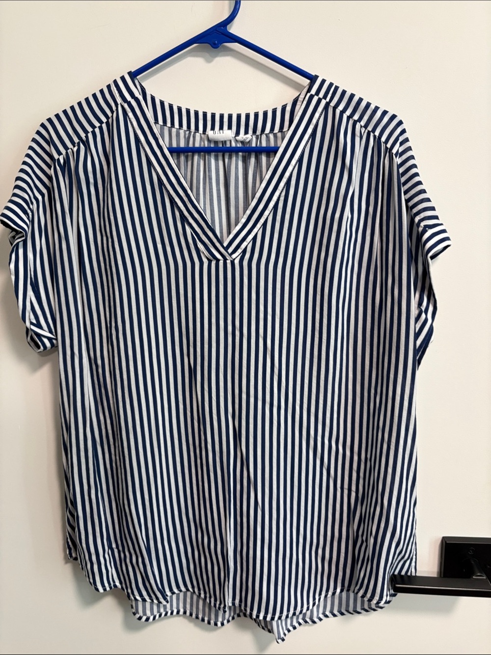 GAP Blue and White Vertical Stripe V-Neck Blouse